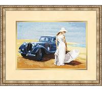 Sewing Cross Stitch Kit On The Shore. Wonderful Moment