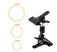 Sewing Hoop Frame Stand with Portable Clamp Base 3 Wood Tone Embroidery Hoops and Jointed Holder for Detailed Needlework Projects Embroidery Stand