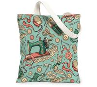 Sewing Machine Canvas Tote Bag for Women, Craft Vintage Buttons Thread Mint Green Washable Reusable Aesthetic Tote Bag, Mint Green, 13x15 Inch