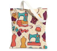 Sewing Machine Canvas Tote Bag for Women, Craft Vintage Dress Form Thread Spool Craft Turquoise Washable Reusable Everyday, Turquoise, 13x15 Inch