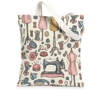 Sewing Machine Canvas Tote Bag for Women, Craft Vintage Mannequin Thread Spool None Pastel Washable Reusable Aesthetic Tote, Pastel, 13x15 Inch