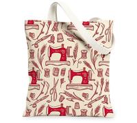Sewing Machine Canvas Tote Bag for Women, Craft Vintage Scissors Spools None Red Washable Reusable Small Tote Bags Ideas Fo, Red, 13x15 Inch