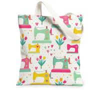 Sewing Machine Canvas Tote Bag for Women, Fanciful Feminine Tulips Heart Spring Pastel Green Washable Reusable Graphic Tote, Pastel Green, 13x15 Inch