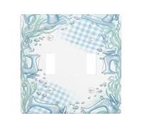 Sewing Machine Double Light Switch Cover Plate, Craft Vintage Gingham Curly Leaves Spring Light Blue Plastic Standard Size Toggle Switch Cover for Home Living Room New Apartment Decor