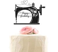 Sewing Machine Happy Birthday Cake Topper Sewing Tool Tailor Seamstress Theme Birthday Party Decorations Supplies Black Glitter