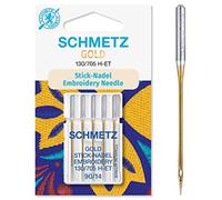 Sewing Machine Needles Schmetz - Gold Embroidery (Titanium Nitride), Size: 90/14, Single Packet, Includes Large Schmetz Needle Threader