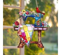Sewing Machine Stained Glass Style Suncatcher- 6 Inch Acrylic Window Hanging- Colorful Sewing Machine Light Catcher Decor with Flowers & Cardinal- 2D Flat Ornament Gift for Friends & Crafters