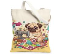 Sewing Pug Quilt Illustration Fanciful Canvas Tote Bag 13x15 Inch | Sewing enthusiast theme, Fanciful patchwork quilt design, Craft room aesthetic, Innovative hobbyist gift