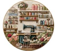 Sewing Room Puzzle for Adults 1000 Pieces, Round Vintage Sewing Machine Jigsaw Puzzle, Cozy Circular Embroidery Puzzle with Thread Spools, Flowers and Sewing Supplies Challenge for Adults