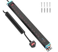 Sewingvr 7-Way Extension Lead with Surge Protection & USB (2× USB-C PD 20W, 1× USB-A), Wall Mountable PDU Power Strip with 360° Rotating Sockets, 1.5m Spiral Cable, for Home Office or Workshop