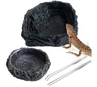 SEWOART 2 Pcs Reptile Water Bowls Resin Tortoise Lizard Food Dishes for Leopard Gecko Crested Gecko with Stainless Steel Tongs