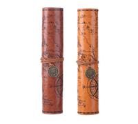 SEWOART 2Pc Vintage Leather Pencil Case Set, Large Capacity PU Leather Pen Pouch with Treasure Map Sketch, Portable Retro Pencil Holder for Artists, Students, and Makeup Brushes, Brown