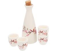 SEWOART Traditional Sake Serving Kit Red Ceramic Japanese Style Hand Painted Cherry Blossom One Pot Four Cups for Dining and Entertaining