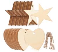 SEWOART Wooden Tags with Hole and String in Five Pointed Star and Heart Shapes 100pcs Decorative Blank Wood Labels Can Be Hung for Party Decorations and Photo Props