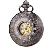 SEWOR Classic Skeleton Movement Automatic Mechanical Self Wind Pocket Watch (Black)