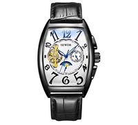 SEWOR Tourbillon Mens Moon Phase Automatic Mechanical Wrist Watch Leather Band Glass Coating Blue (Black White)