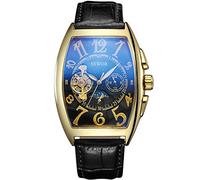SEWOR Tourbillon Mens Moon Phase Automatic Mechanical Wrist Watch Leather Band Glass Coating Blue (Gold Black 2)