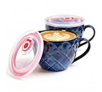 Seworlan Ceramic Soup Bowl with Handle, 700ml Soup Mug with Lid, Set of 2 | Soup Bowls, Large Ceramic Cup for Coffee, Cereal, Oatmeal, Salad, Ramen, Noodle, Ideal Wedding & Housewarming Gift