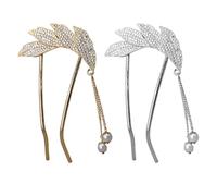 Sewroro 2PCS Rhinestone U-Shape Hairpins with Pearl Tassel, Bridal Wedding Hair Fork Clips for Women’s Chignon Updo, Gold and Silver Plume Design Hair Accessories for Wedding Headpiece