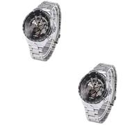 Sewroro 2pcs Winner Men's Automatic Mechanical Wrist Watch Black Skeleton Dial Retro Stainless Steel Band Vintage Hollow Design Analog Gents Timepiece