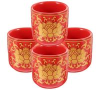 Sewroro 4PCS Ceramic Altar Cups Set, 1.77 Inch Tibetan Buddhist Ritual Temple Red Water Offering Cups with Gold Rim and Lotus Pattern for Religious Worship Home Altar Supply