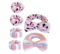 Sewroro 6Pcs Women’S Face Wash Headband and Wrist Set, Pink Leopard Print and Blue Red Stripe, Soft Flannel Sweat-Absorbent Spa Hair Accessories for Skincare and Makeup