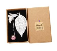 Sewroro Boxed Leaf-Shaped Bookmark with Preserved Silver Leaf and Pink, Sturdy Dried Flower Page Marker for Students, School and Office Stationery Set