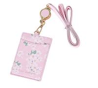 Sewroro PU Leather Vertical Card Holder with Hanging Strap Id Badge Pass Cover for Office School Travel Secure and Water Resistant Credit Holder with Lanyard Clip Pink