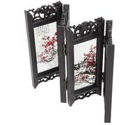 Sewroro Small Folding Screen Chinese Style Mini Desktop Divider Panel with Red Plum Blossom Design, Decorative Privacy Partition for Office and Home, Antique Lacquerware Mini Room Divider