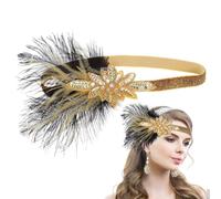 Sewroro Vintage Flapper Headband with Sequins and Rhinestones Elastic Comfortable Gold Plume Headpiece for Women Wedding Party Costume Roaring Glamour Hair Accessory