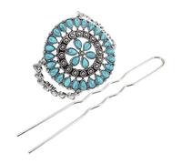 Sewroro Vintage Turquoise Hair Fork with Flower Design, Retro Chinese Style Hairpin Holder, Elegant Hair Accessory for Women’s Updo Hairstyles, Antique Silver Tone