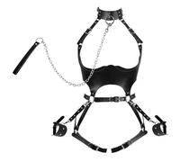 Sex Bondage BDSM Kit Restraints Set for Couple Flirting, Adjustable Restraint Harness Kit with Leash Wrist Cuffs and Waist Garter Belt Full Body Harness for Women (Black)