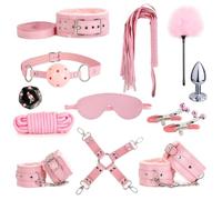 Sex Bondage Restraint Kits BDSM Toys 12 Pcs Handcuffs Ankle Cuffs Anal Plug Nipple Clamps Ball Gag Blindfold Rope Leather Restraints Set Adjustable for Adult Beginners (Pink)