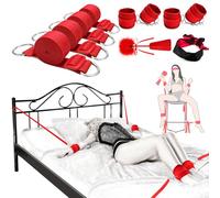 Sex Bondage Restraints BDSM Toys, Versatile Bed Restraints Couple Sex Toys with 4 Separate Straps, Bondage Cuffs, Blindfold, Feather BDSM Kit (Red)