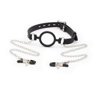 Sex Toys Leather Restraints Ball Mouth with Nipple Clamps Silicone Ball Gag Alternative Open O-Ring Gag Adjustable Strap Bondage for Adult Sex Play