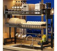 sexaoalx 2 Tier Telescopic Dish Drying Rack, Over The Sink Dish Drying Rack, Large Capacity & Adjustable Length Dish Rack, with 4 Suction Cups, Sink Organize Stand for home, apartment, dorm