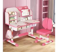 sexaoalx 2Pcs Premium Kids Study Desk Chair Set, Height Adjustable Children School Study Table Chair Set with Astronaut Pattern, Ergonomic Desk Chair with Large Writing Board, Bookshelf and Drawer (P