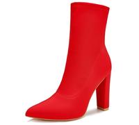 sexrosly Women's High Heeled Booties Pointed Toe Mid Calf Ankle Boots Block Chunky Heels boot Stretch Fashion Sexy Wedding Short Bootie, Red, 7 UK