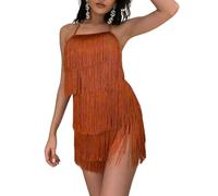 Sexy Backless Fringe Dress - Womens 1920s Flapper Tassel Halter Playsuit Romper Vintage Latin Dance Party Dresses(Brown,L,1074r)