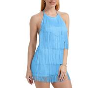 Sexy Backless Fringe Dress - Womens 1920s Flapper Tassel Halter Playsuit Romper Vintage Latin Dance Party Dresses(SkyBlue,XL,1074r)