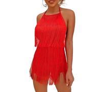 Sexy Backless Fringe Dress - Womens 1920s Flapper Tassel Halter Playsuit Romper Vintage Latin Dance Party Dresses(Red,L,1074r)