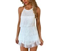 Sexy Backless Fringe Dress - Womens 1920s Flapper Tassel Halter Playsuit Romper Vintage Latin Dance Party Dresses(White,XS,1074r)