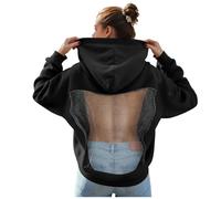 Sexy Backless Mesh Hoodie Women Transparent Pullover Breathable Back Hollow Out Hoodies Top See Through Long Sleeve Sweatshirt Y2K Streetwear Party Clubwear (M)
