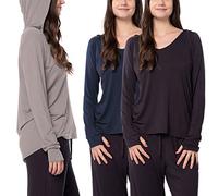 Sexy Basics Women's 3 Pack Long Sleeve Hoodie | V Neck Shirt with Thumb Hole Lightweight Active Top, 3 Pack- Black / Navy Blazer / Ash, Large