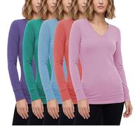 Sexy Basics Women's Cotton Stretch Long Sleeve V- Neck Athletic Tops | Casual & Active Color T Shirts | Multi Packs, 5 Pack-boyblue / Pink Lavender/ Dahlia /Arcadia /Ultraviolet, XXL