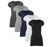 Sexy Basics Womens Cotton Stretch Scoop Neck Short Sleeve Extra Long T Shirt - Multi Packs, 5 Pack-black/White/Grey/Navy/Charcoal, S