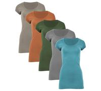 Sexy Basics Womens Cotton Stretch Scoop Neck Short Sleeve Extra Long T Shirt - Multi Packs, 5 Pack- Earth Metals, L