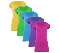 Sexy Basics Womens Cotton Stretch Scoop Neck Short Sleeve Extra Long T Shirt - Multi Packs, 5 Pack- Neons, L