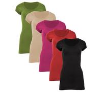 Sexy Basics Womens Cotton Stretch Scoop Neck Short Sleeve Extra Long T Shirt - Multi Packs, 5 Pack- Olive Fuschia Red Khaki Black, L