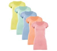 Sexy Basics Womens Cotton Stretch Scoop Neck Short Sleeve Extra Long T Shirt - Multi Packs, 5 Pack- Yellow | Mint | Peach Fuzz | Powder Blue | Powder Pink, S